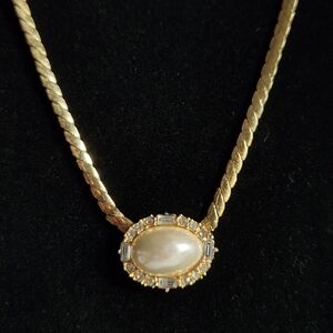 Christian Dior Gold Tone Necklace with Pearl And Crystal Accents